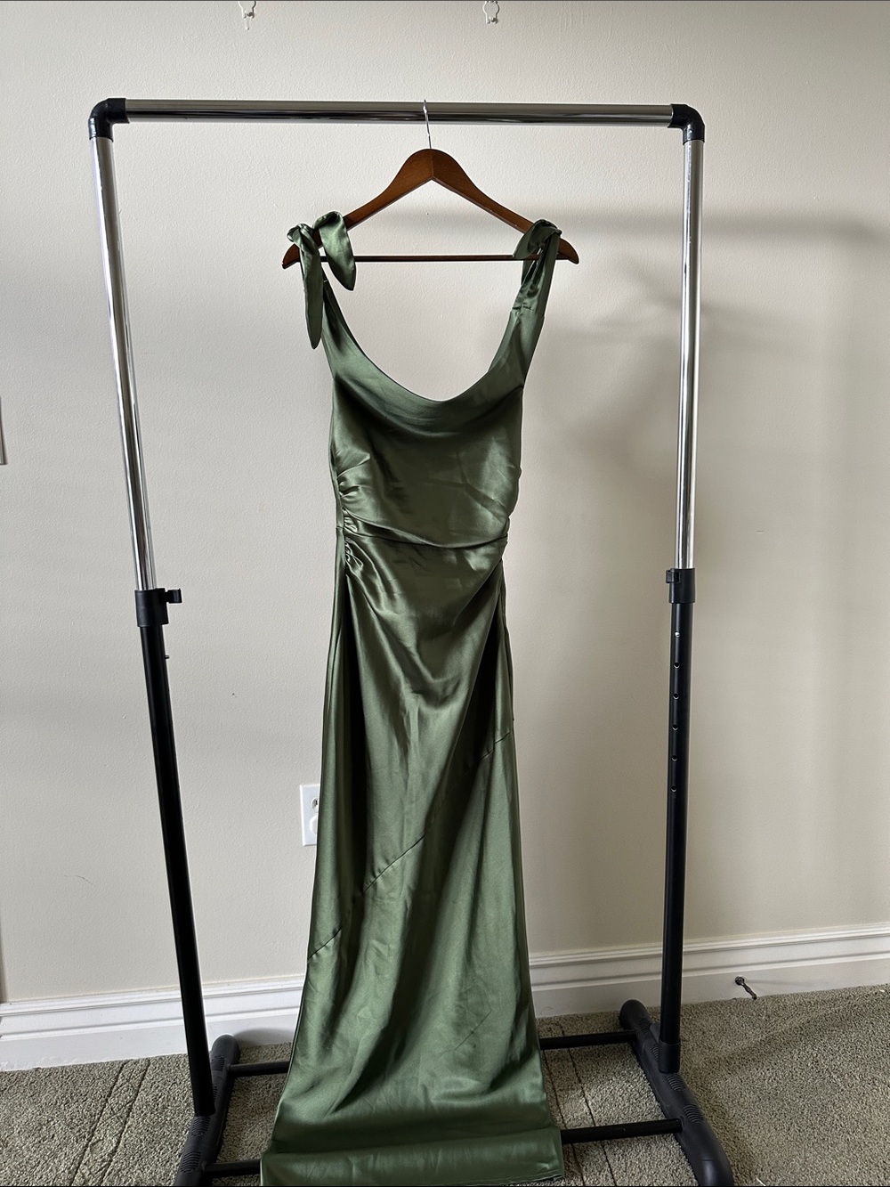 Petal & Pup Olive Green Satin Tie-Shoulder Maxi Dress